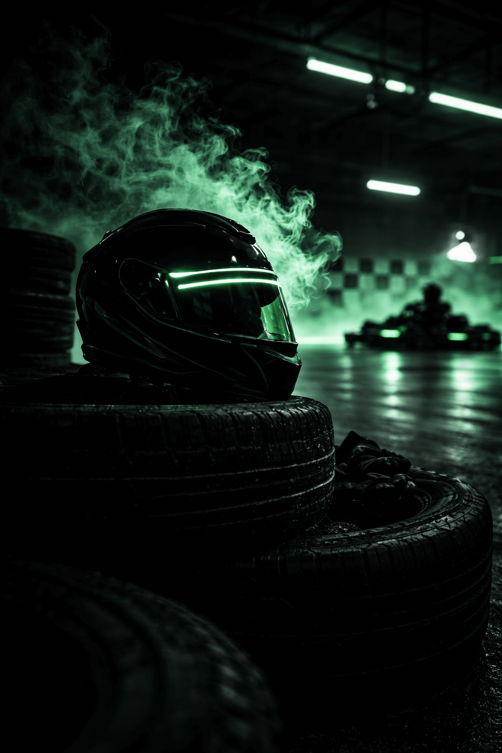 Racing helmet met groene gloed